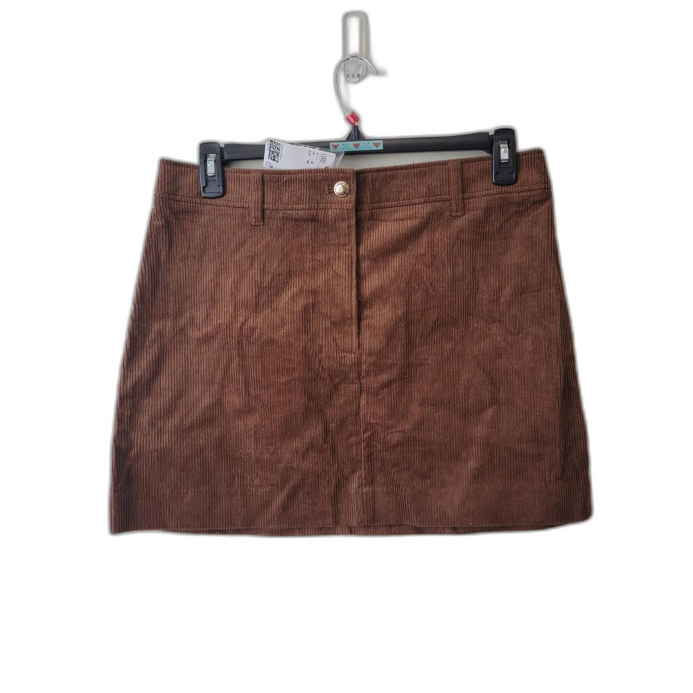 H&M Brown Corduroy Mini Skirt Button Fly Pockets Size 26 Waist